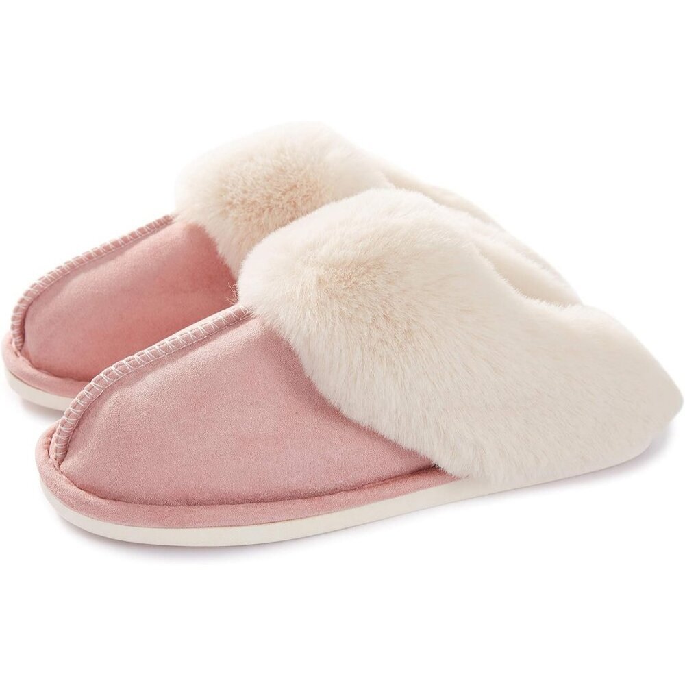 Women's Light Pink Winter Warm Fluffy Cozy Memory Foam Slip On Slippers Shoes